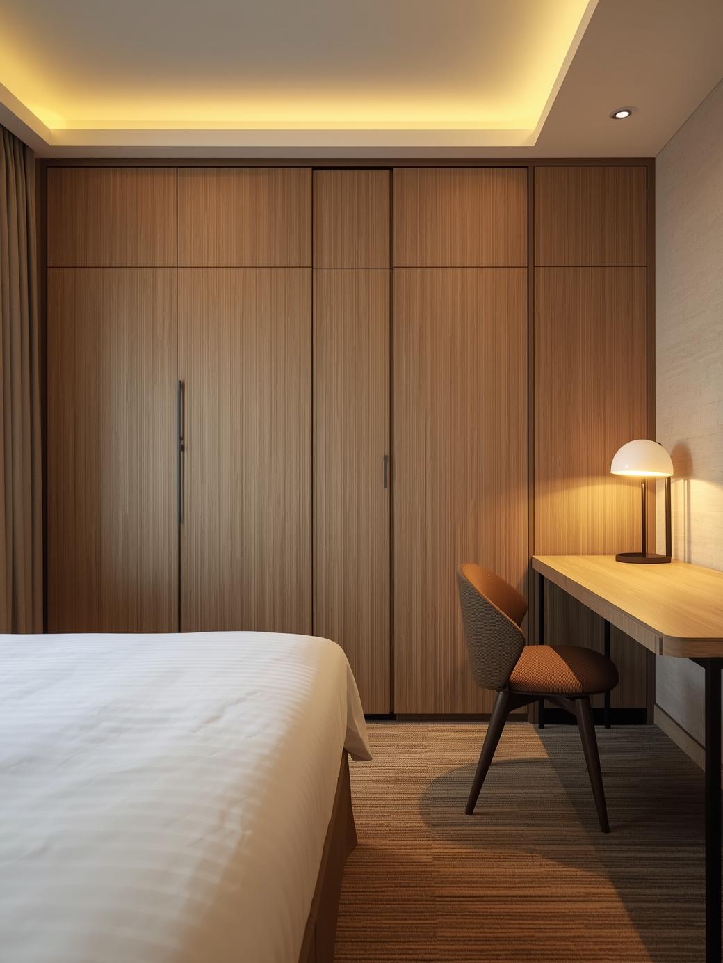 Fully furnished PG room with bed wardrobe study table lamp modern decor warm inviting lighting cozy and premium interior minimalist aesthetic_