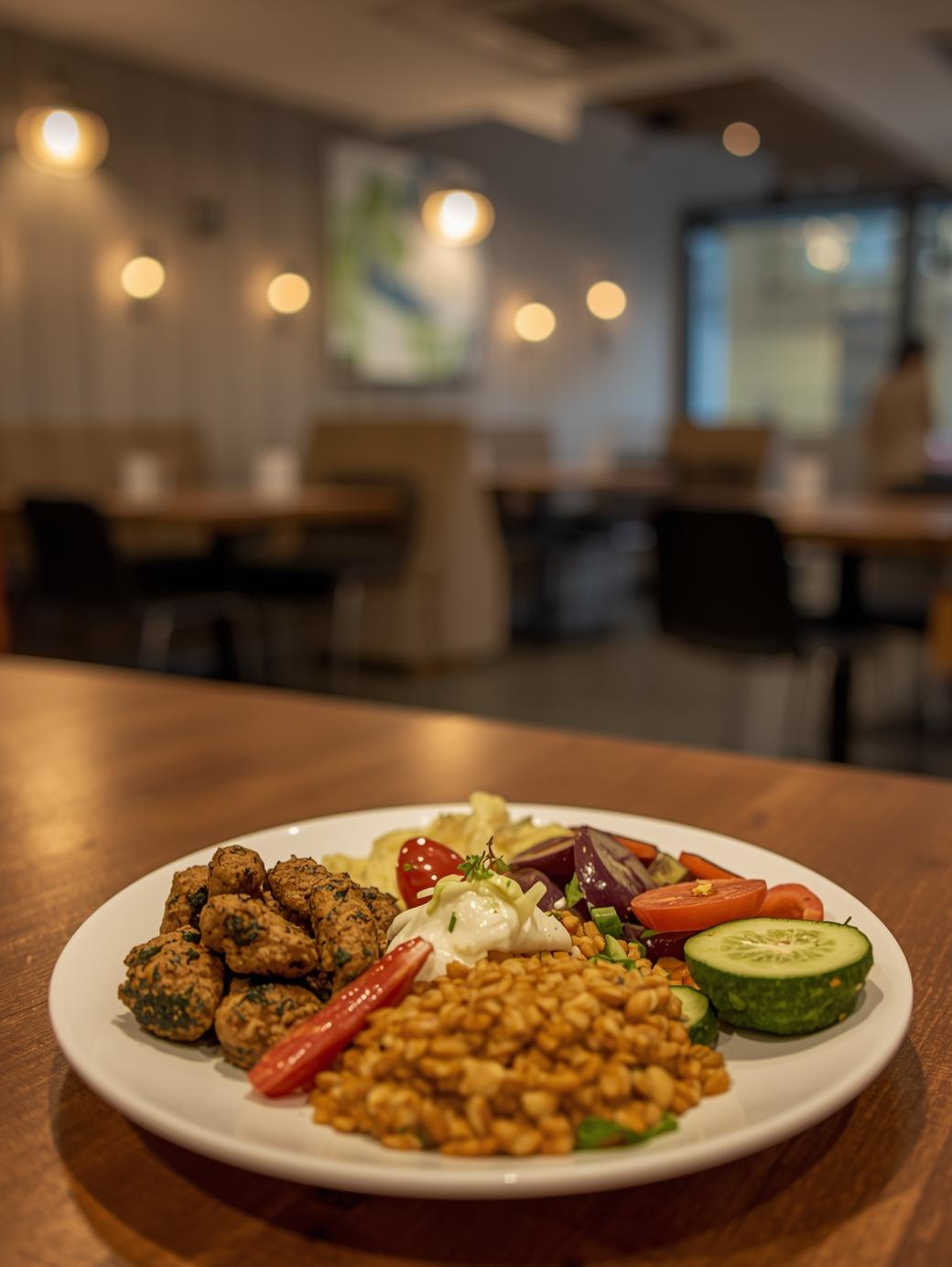 Healthy meal plate served in PG dining area fresh vegetables and balanced diet warm lighting clean and hygienic setup modern hostel food concept premium presentation_