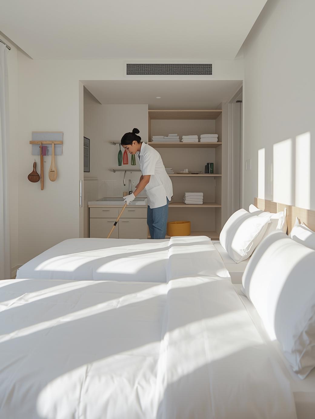 Housekeeping staff cleaning a neat PG room fresh bedding organized space cleaning tools icon bright and hygienic environment modern minimal style soft shadows_