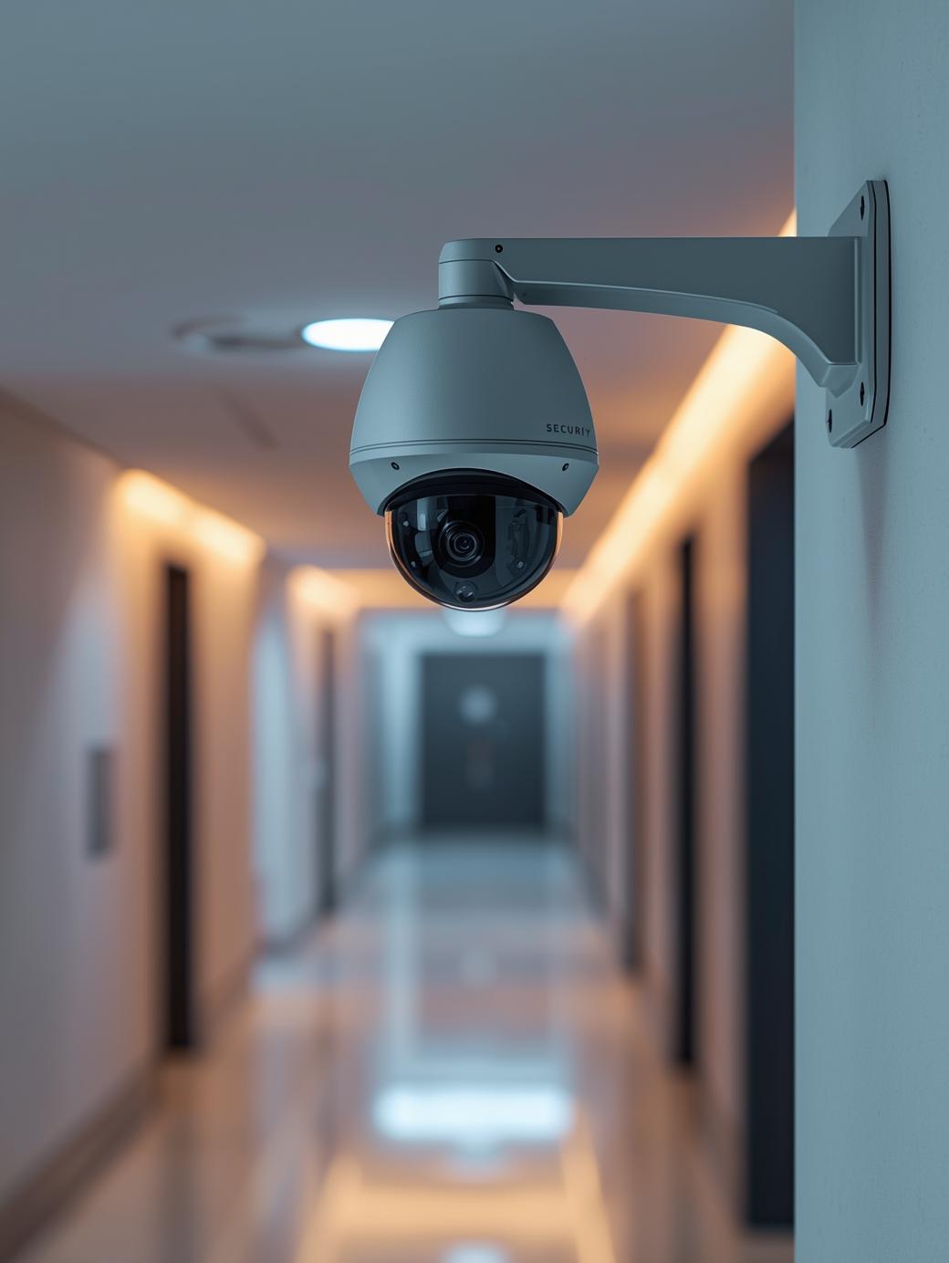 Modern CCTV camera in PG hallway security shield icon safe and secure environment professional building interior soft lighting clean minimal style_