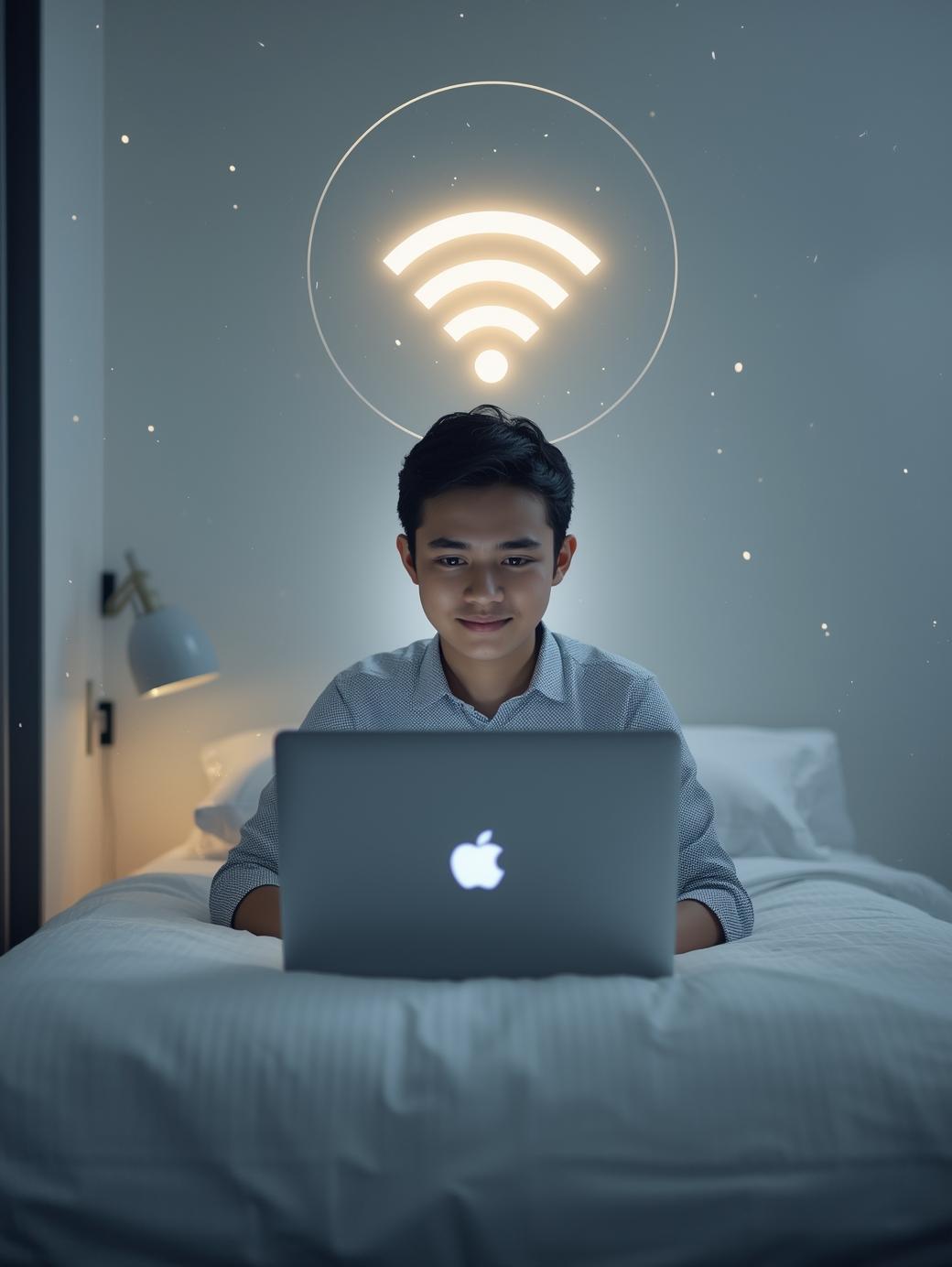Modern PG room with a student using laptop glowing WiFi icon fast internet waves minimal clean background tech friendly environment premium hostel style soft lighting professional look_
