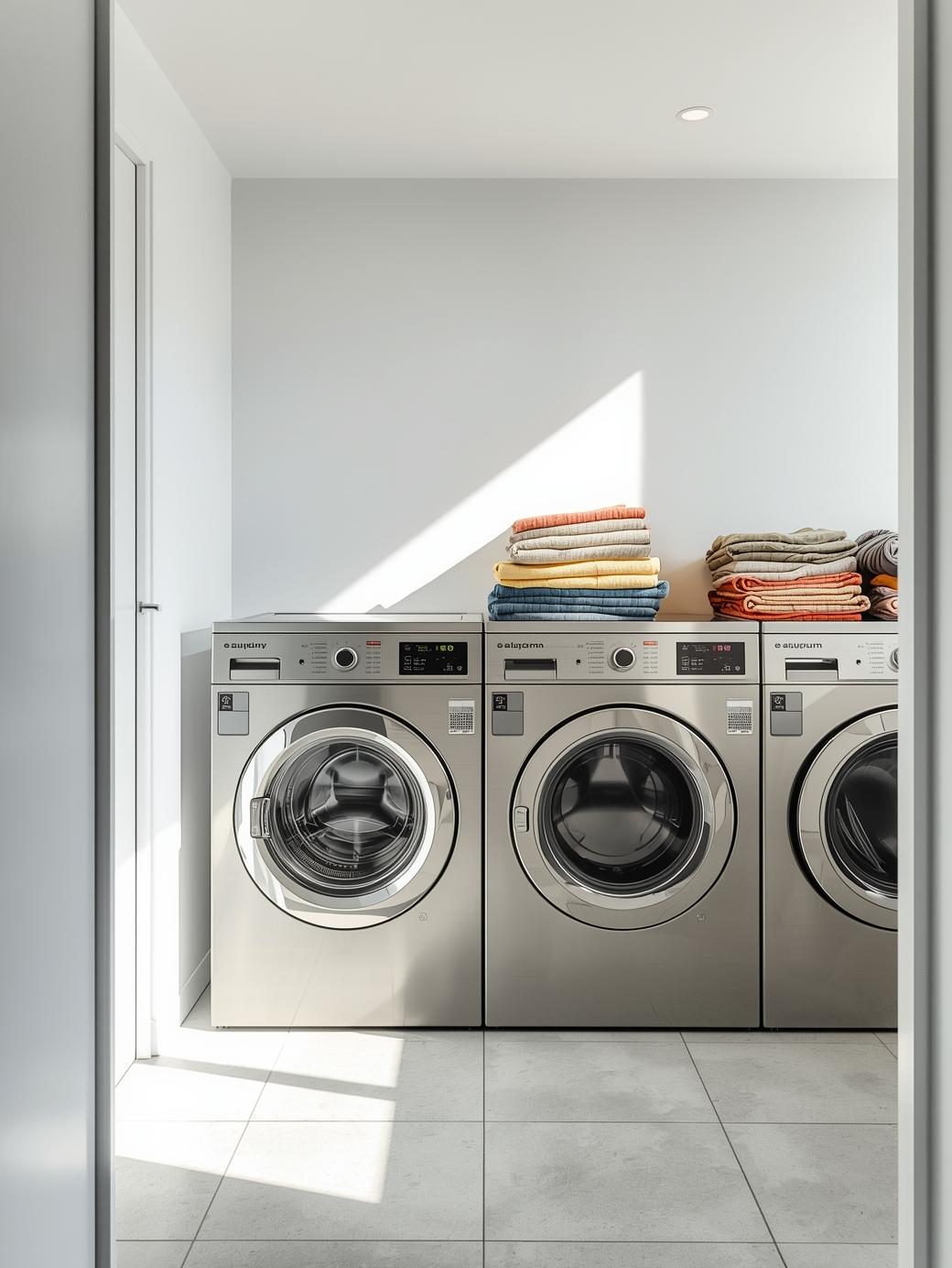 Modern laundry room with washing machines folded clothes clean bright environment service icon hostel_PG facility style minimal aesthetic_