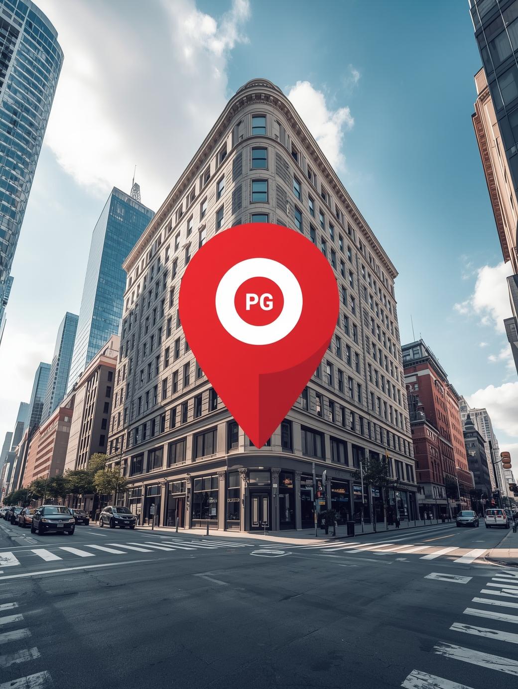PG building in central city spot location pin icon city skyline background modern urban look clean professional style bright daylight scene_