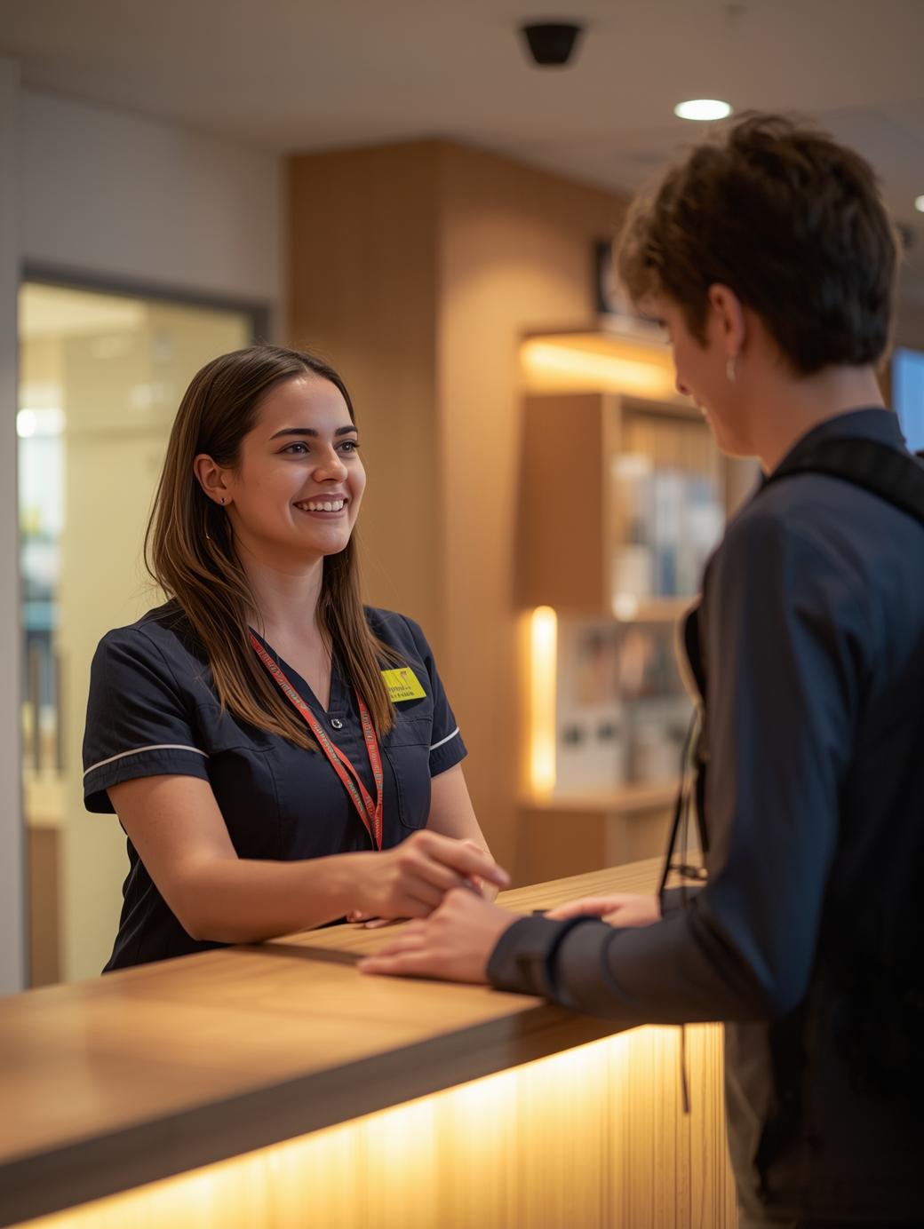 Smiling PG staff member assisting student welcoming environment warm lighting friendly professional expression hostel reception area clean modern style_